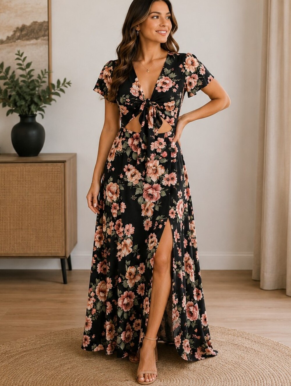 Black Floral Tie-Front Maxi Dress | Cutout Boho Spring Dress